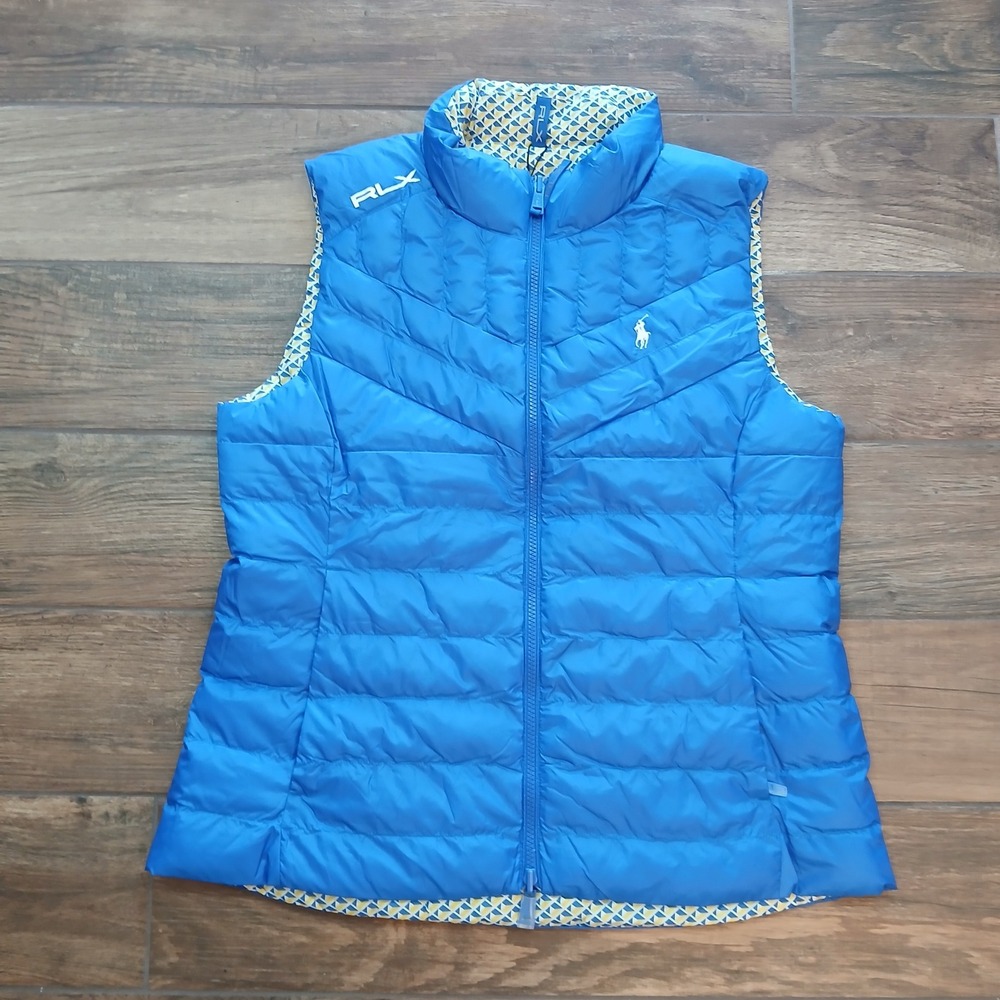 RLX Ralph‎ Lauren Vest Womens Large Blue Geometric Golf Puffer Reversible Zip